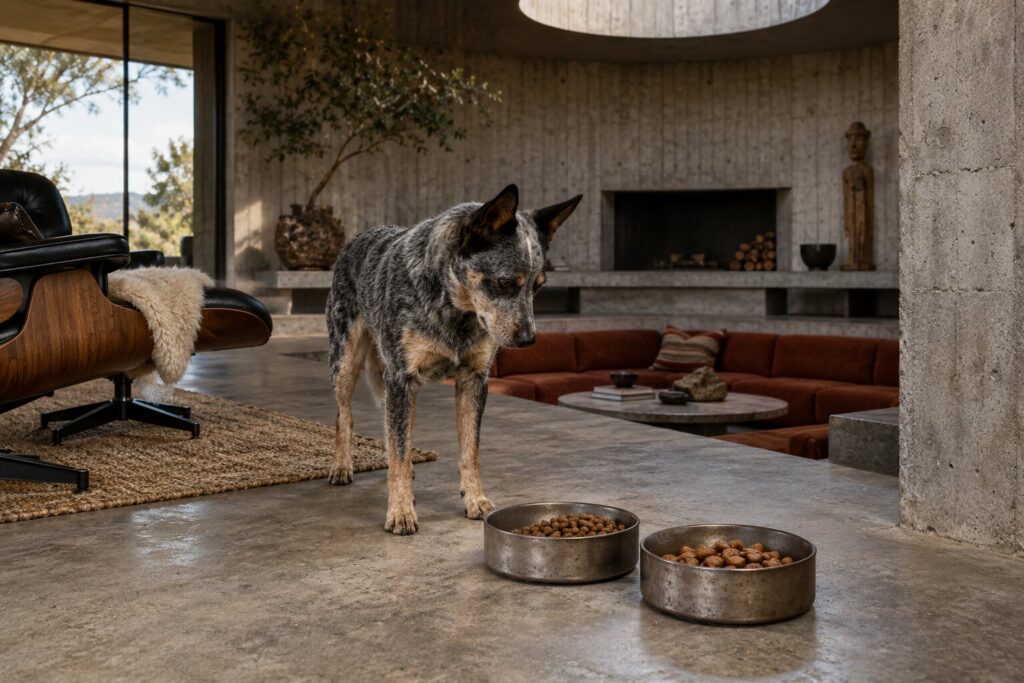 An Australian cattle dog looks between two dishes of differently shaped kibble in a concrete room.