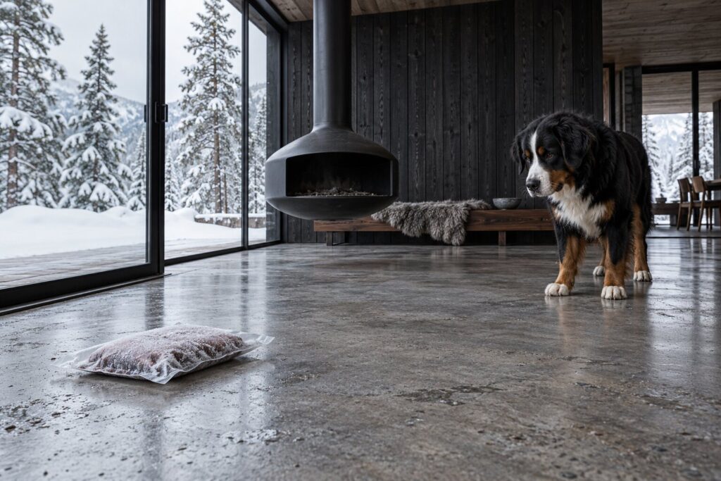 A frosted plain pouch sits alone by a glass door while a Bernese Mountain Dog watches from across a snowy cabin room