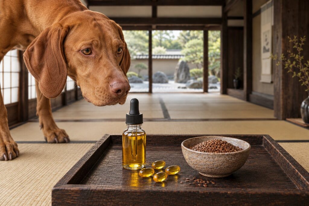 An amber bottle of fish oil, a few softgel capsules and a bowl of flaxseed on a timber tray, with a Vizsla nearby.