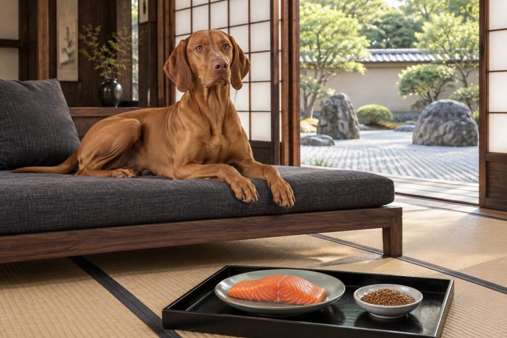 A Vizsla lies on a low daybed beside a salmon fillet and a dish of flaxseed in a Japanese modern room.