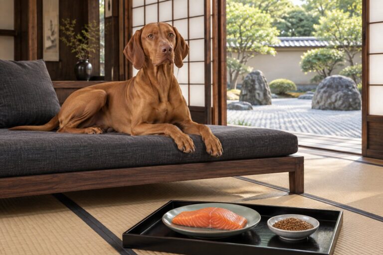 A Vizsla lies on a low daybed beside a salmon fillet and a dish of flaxseed in a Japanese modern room.