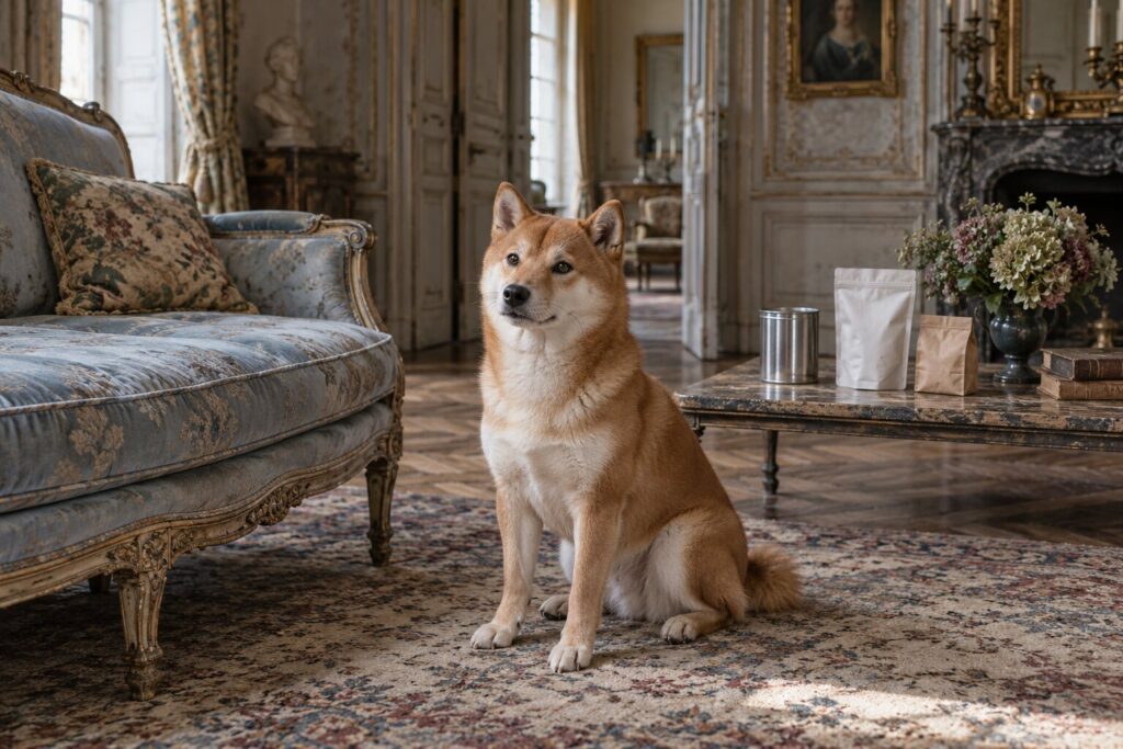 A red Shiba Inu sits beside a blue settee and several plain food containers in a chateau salon.