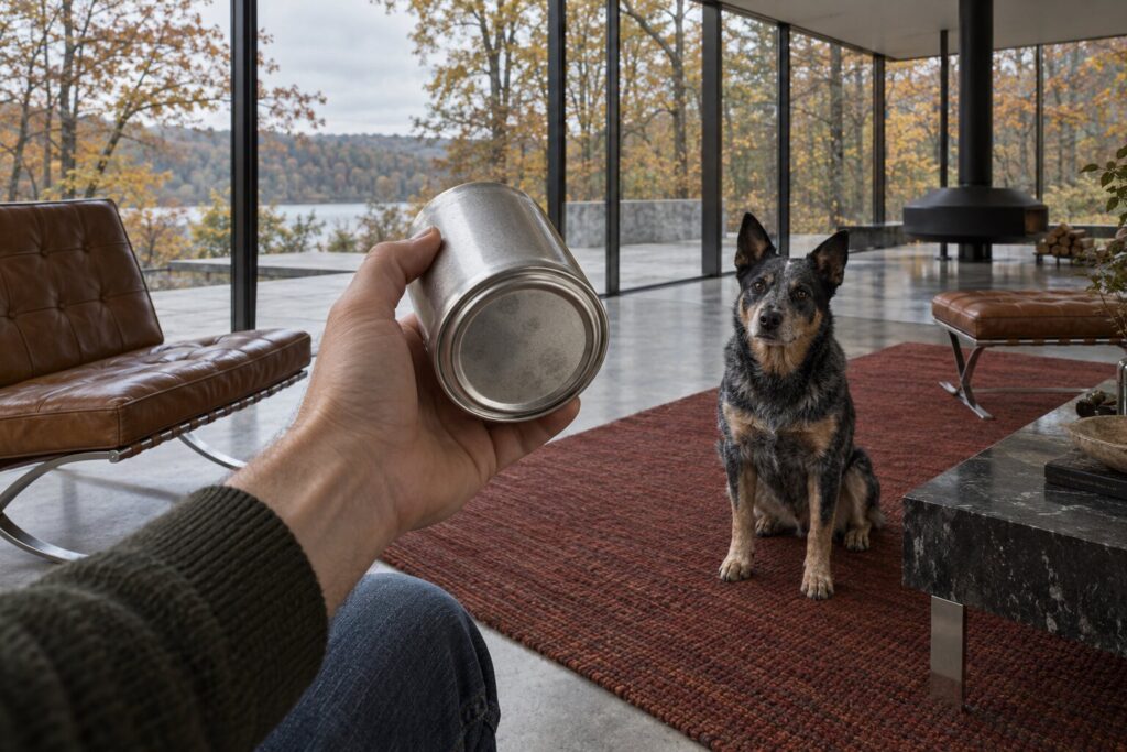 A hand checks the blank base of a metal can as an Australian cattle dog waits in a glass pavilion.