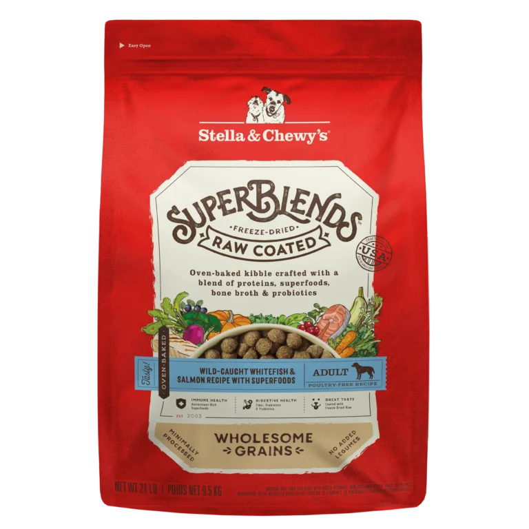 Stella & Chewy’s SuperBlends Whitefish & Salmon : Raw Coated Oven Baked Kibble with Superfoods, Antioxidants & Probiotics Dry Dog Food