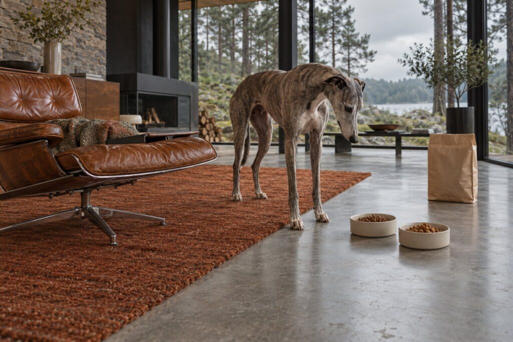 A greyhound studies two dishes of different kibble beside a plain food bag in a glass pavilion.