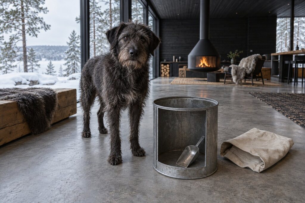 A scruffy dog watches beside an empty metal food bin in a modern cabin.