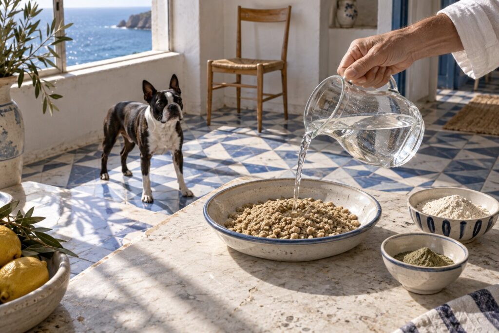 A hand pours water into dehydrated dog meal as a Boston terrier watches beside two bowls of powder.