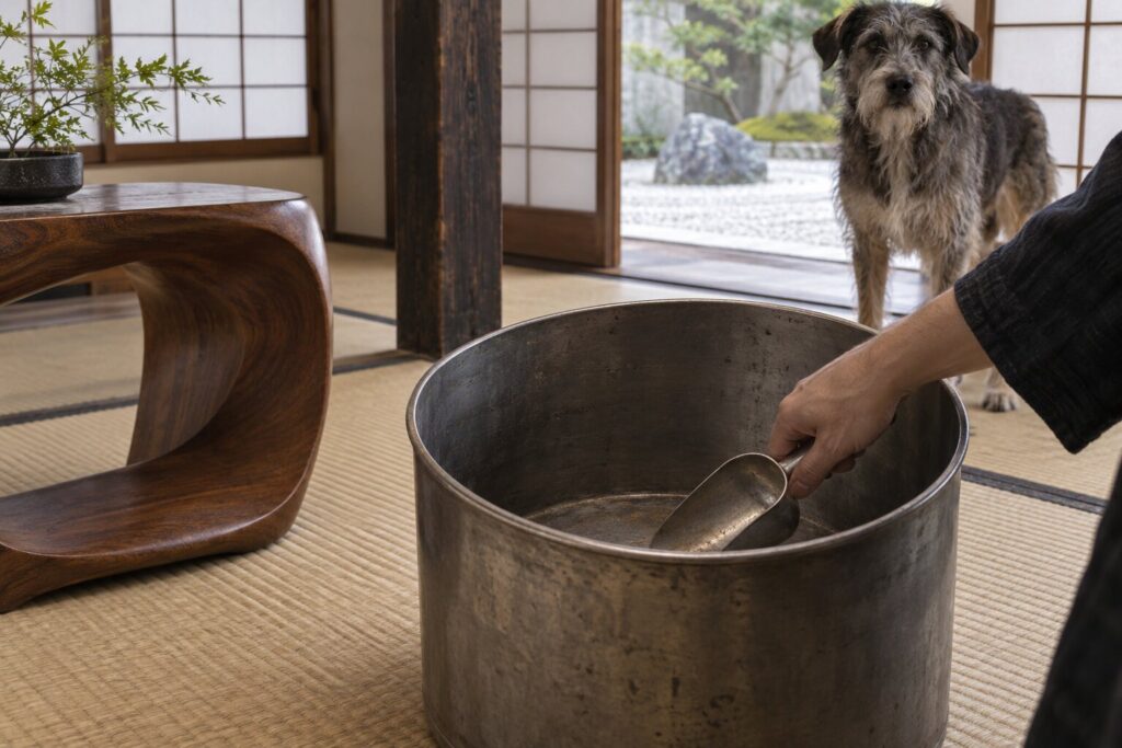 A metal scoop scrapes an empty food bin as a scruffy dog watches in a Japanese modern room.