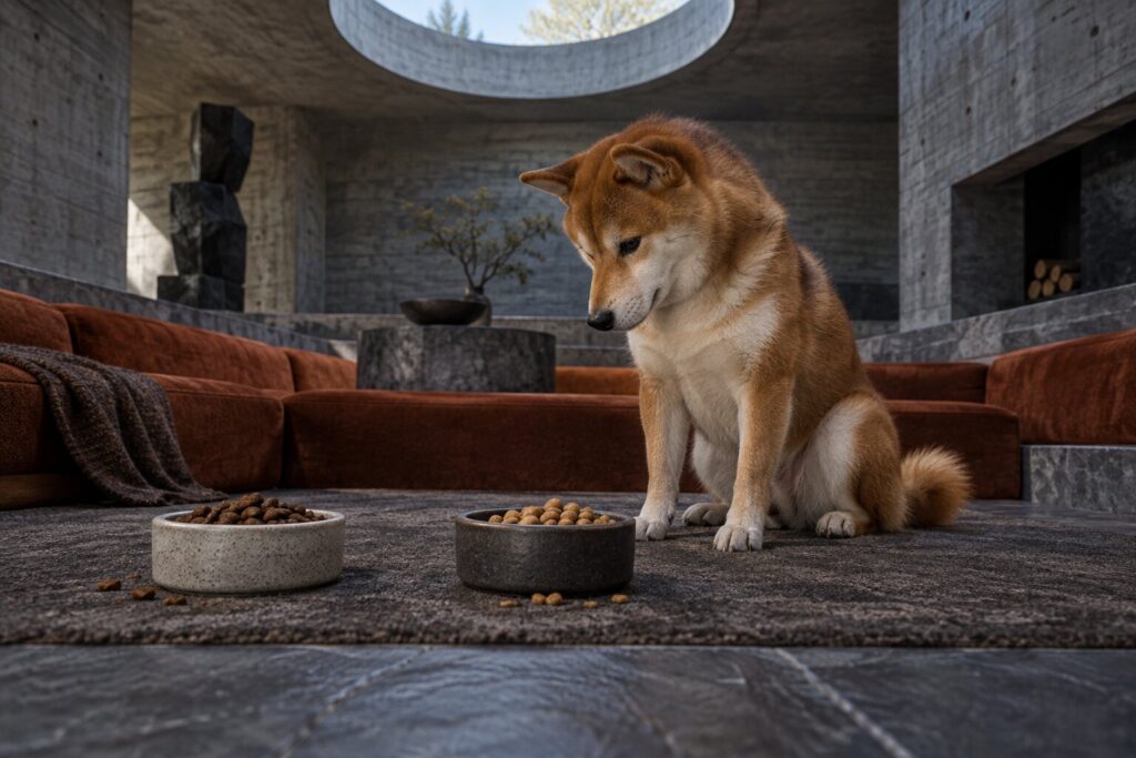 A Shiba Inu considers two bowls of different kibble in a concrete conversation pit.