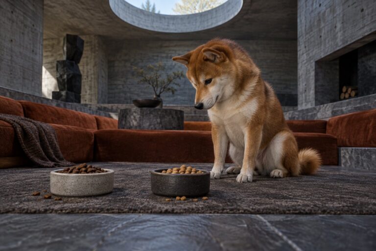 A Shiba Inu considers two bowls of different kibble in a concrete conversation pit.