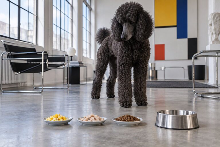 A dark curly poodle studies dishes of egg, chicken, and kibble beside a steel bowl in a bright studio.