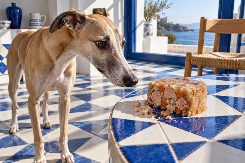 Whippet sniffs a sliced cross-section of sausage-shaped wet dog food on blue and white tile