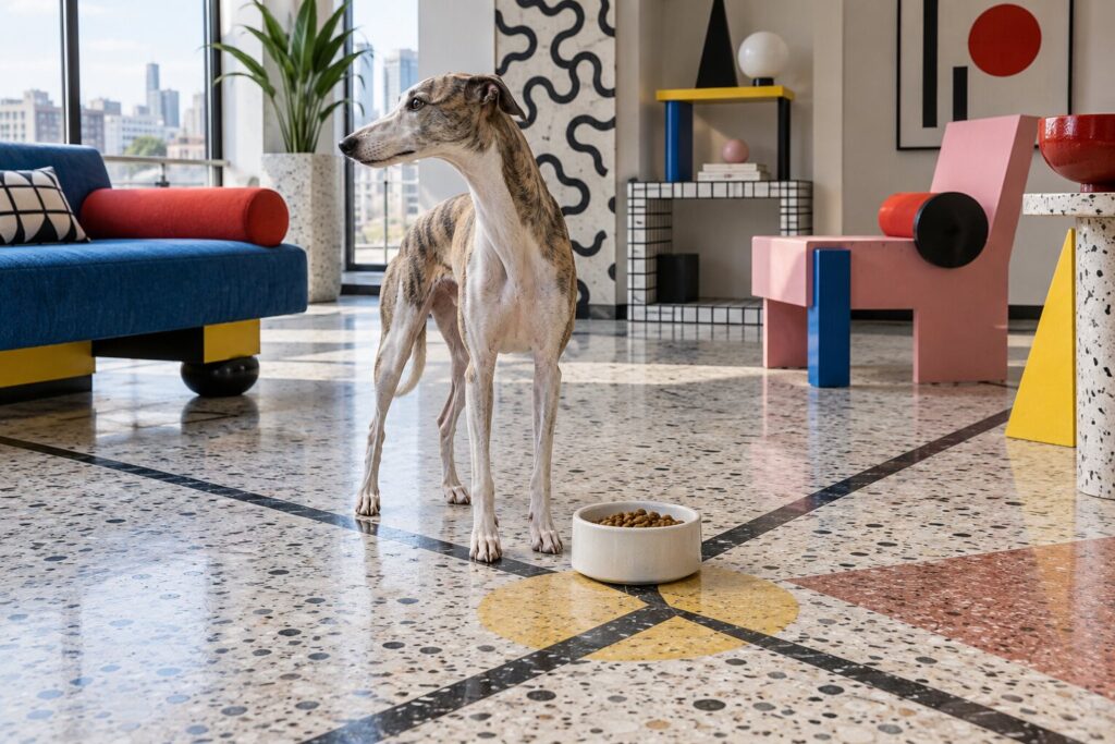 A whippet turns away from a full kibble bowl in a colorful geometric room.