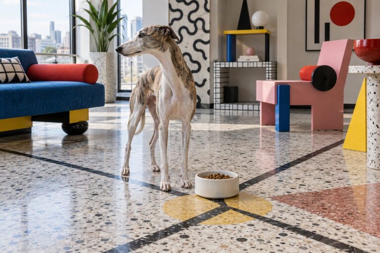 A whippet turns away from a full kibble bowl in a colorful geometric room.